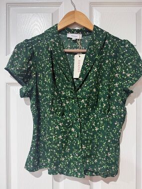 RIHOAS Green Floral Button-Front Cap Sleeve Blouse size S NWT